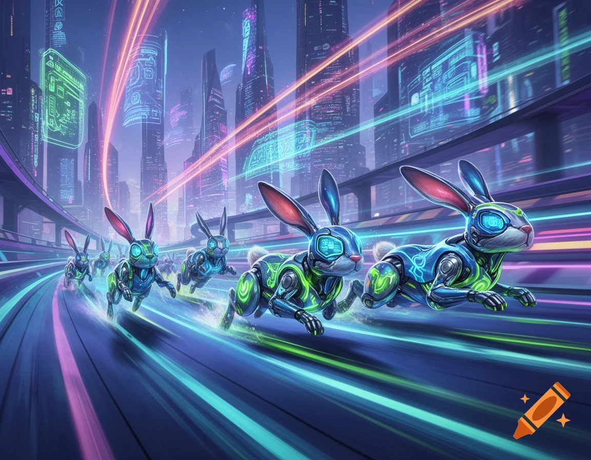 Blue and green robotic bunnies race along a neon-lit futuristic highway against a cyberpunk city background.
