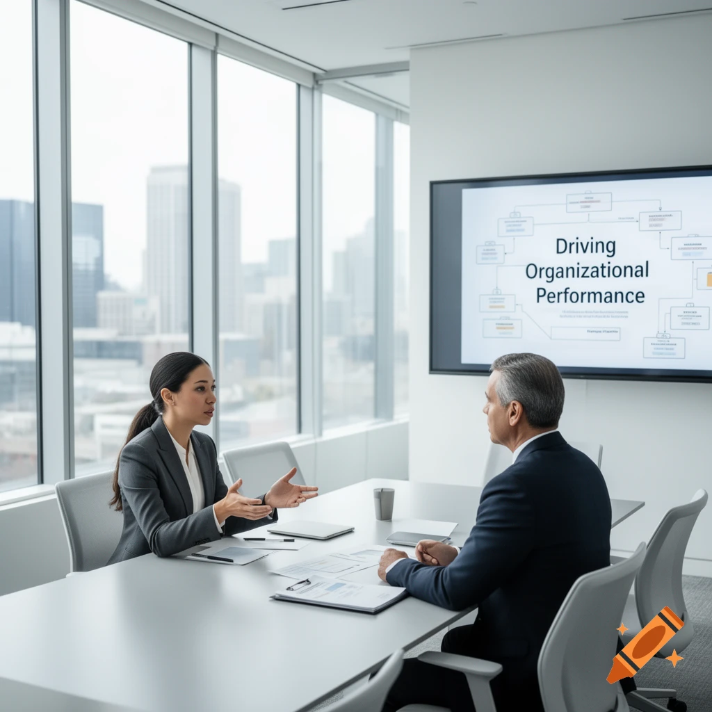 Two business professionals discussing at a modern office table with a city view and a screen displaying 'Driving Organizational Performance'.