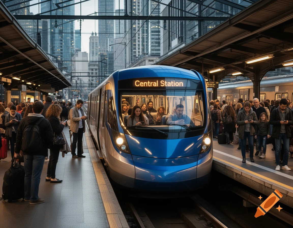 A photorealistic image of a blue and silver train arriving at a busy station platform, with commuters waiting and a city skyline in the background.