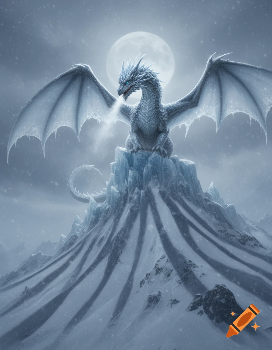 A majestic white ice dragon with glowing blue eyes perches on an icy mountain peak under a full moon, with snow falling.
