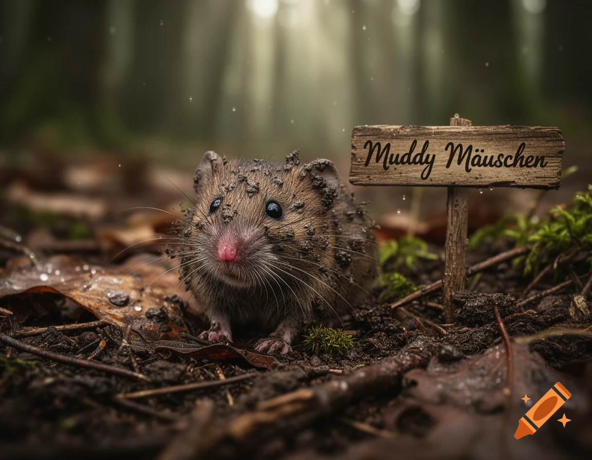 A small, muddy field mouse sits on the ground next to a wooden sign reading 'Muddy M schen' in a forest, photorealistic.