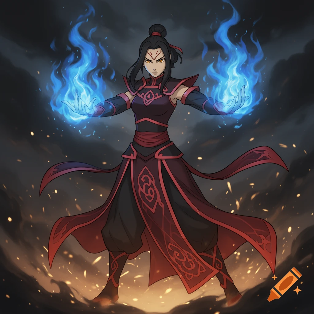 Animated Azula, dressed in dark and red, conjures blue flames from her hands against a smoky, fiery background.