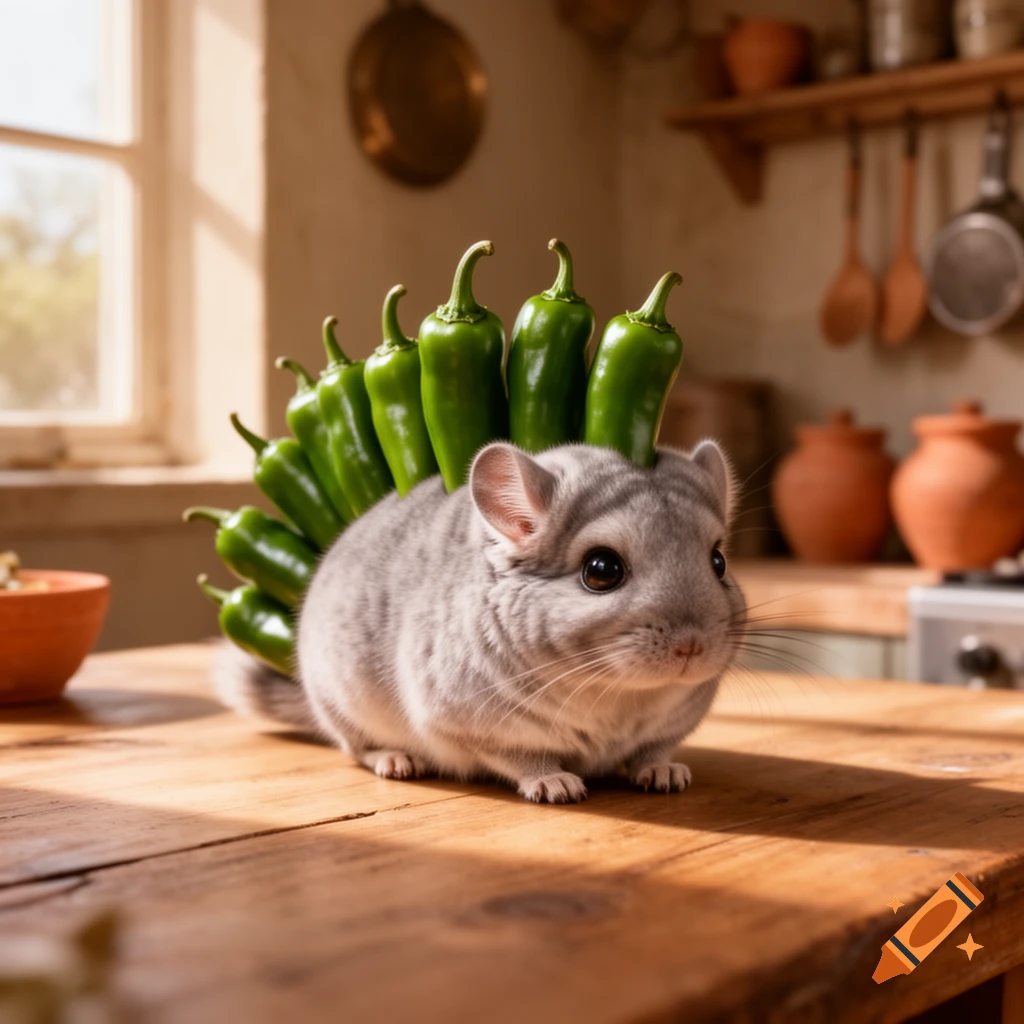 A fluffy gray chinchilla with green chili peppers arranged like spikes on its back sits on a wooden kitchen counter. Photorealistic.