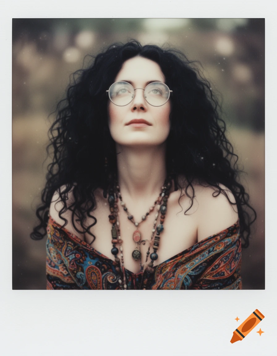 Photorealistic portrait of a woman with curly black hair, round glasses, and a patterned off-shoulder blouse, looking up with a dreamy expression.