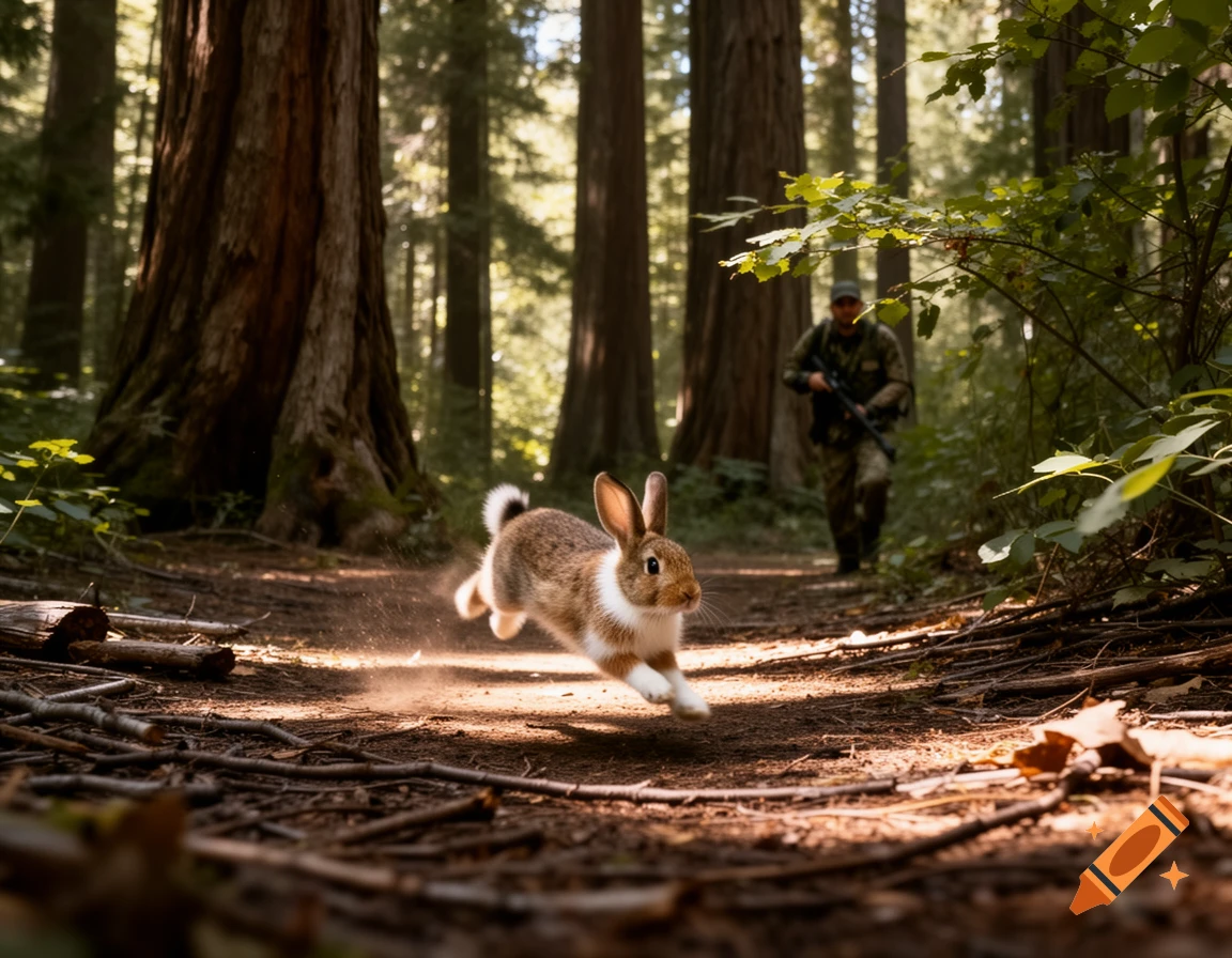 A brown and white rabbit dashes on a sunlit forest path with a blurred hunter carrying a rifle in the background, photorealistic.