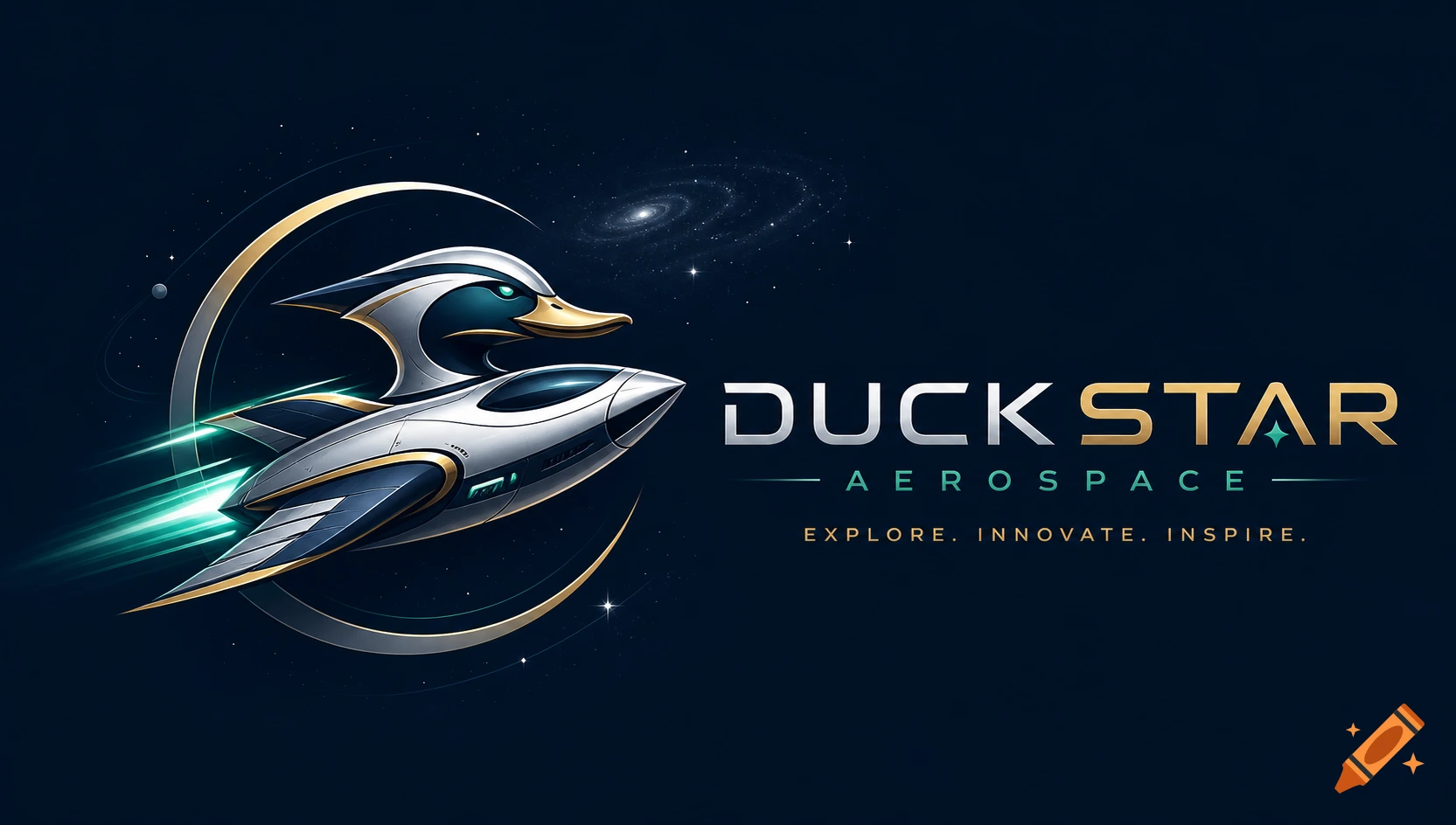 A modern logo for 'DUCKSTAR AEROSPACE' featuring a stylized silver and gold duck-shaped spaceship flying through dark space with stars and a galaxy.