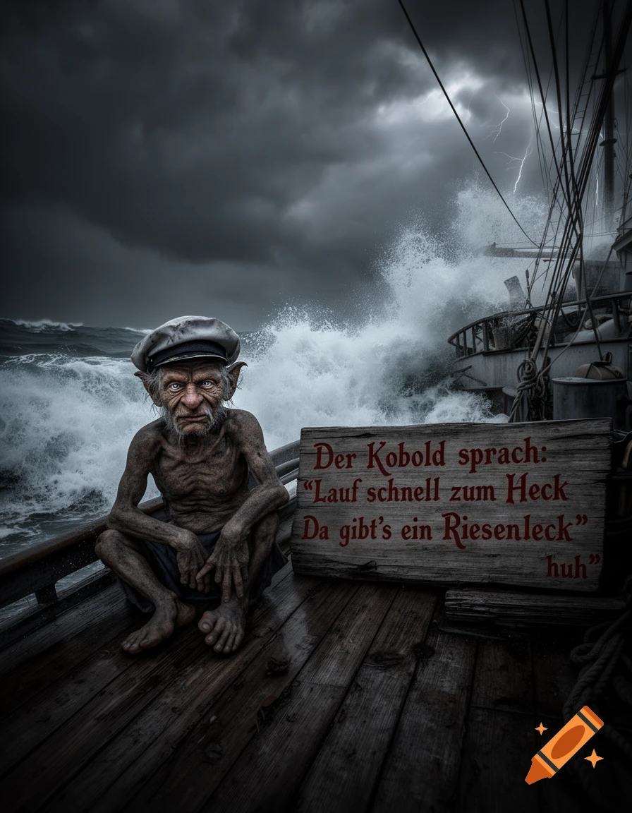 A wrinkled, ancient, goblin-like creature in a captain's hat sits on a wooden ship deck amidst a stormy sea with crashing waves and lightning. A sign beside it reads a German poem.