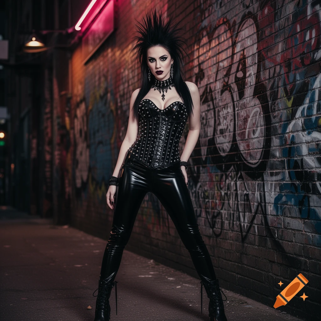 A goth punk girl with spiky hair and dark makeup, wearing a studded black corset and shiny latex pants, poses in a graffiti-covered alley.