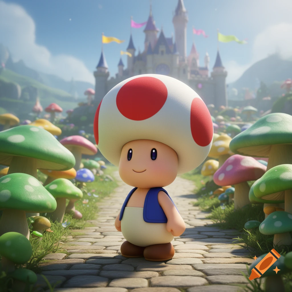 A cute, stylized Toad character from Mario stands on a cobblestone path amidst colorful mushrooms, with a large castle in the background.