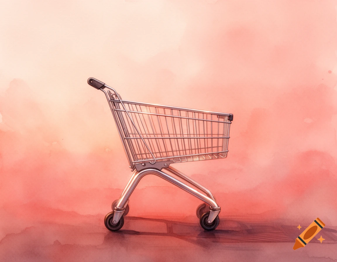 A watercolor painting of a silver shopping cart set against a light red background.