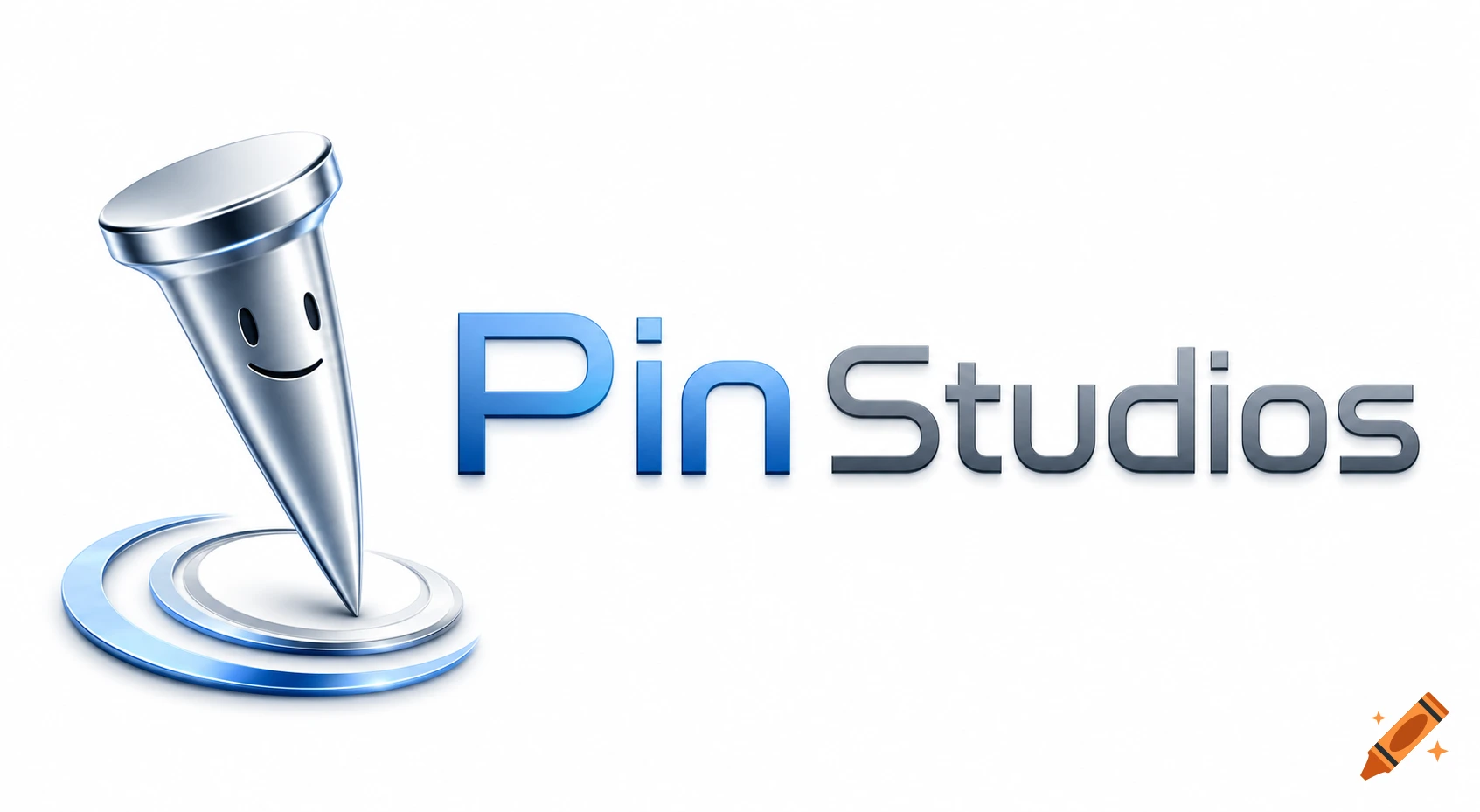 A shiny silver pushpin with a smiling face, next to the 3D text "Pin Studios" in blue and gray.