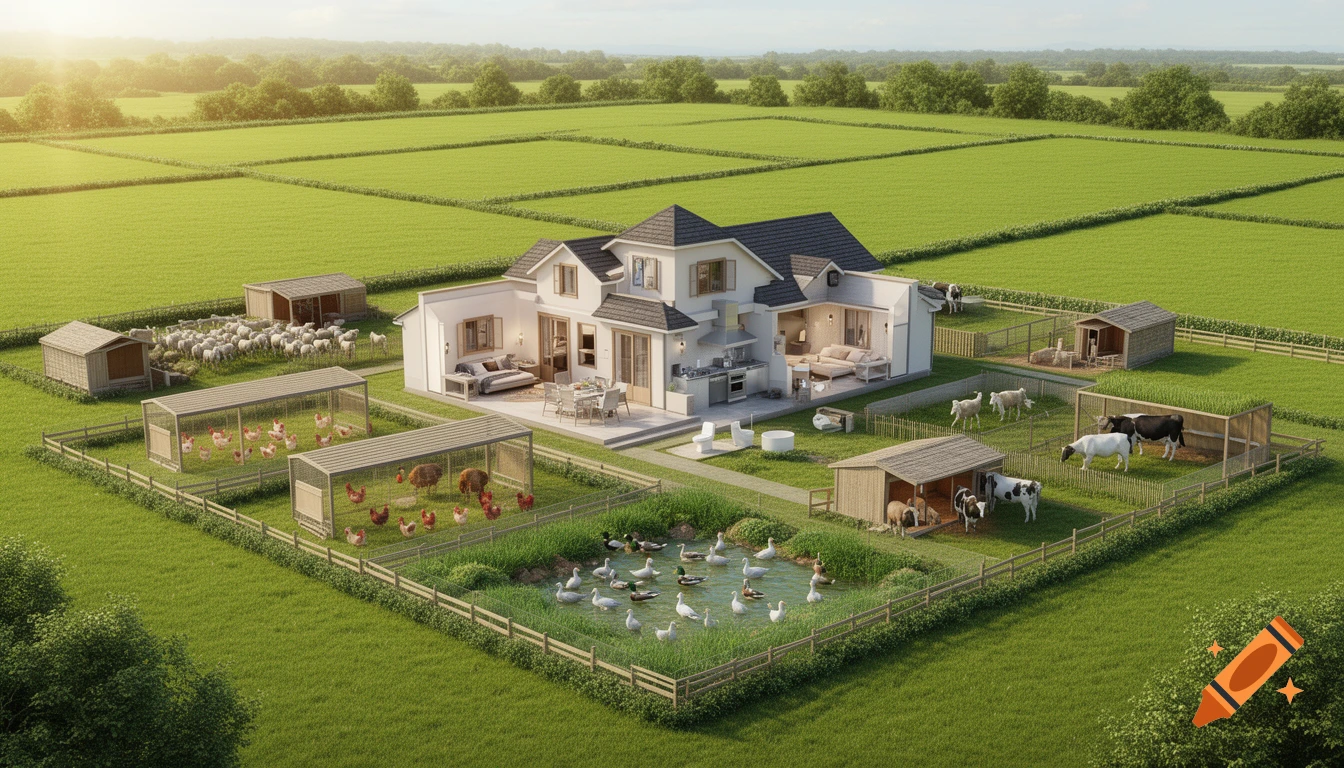 Photorealistic 3D plan of a modern farm with a cutaway house, various animal enclosures for sheep, cows, chickens, and ducks, surrounded by green fields.