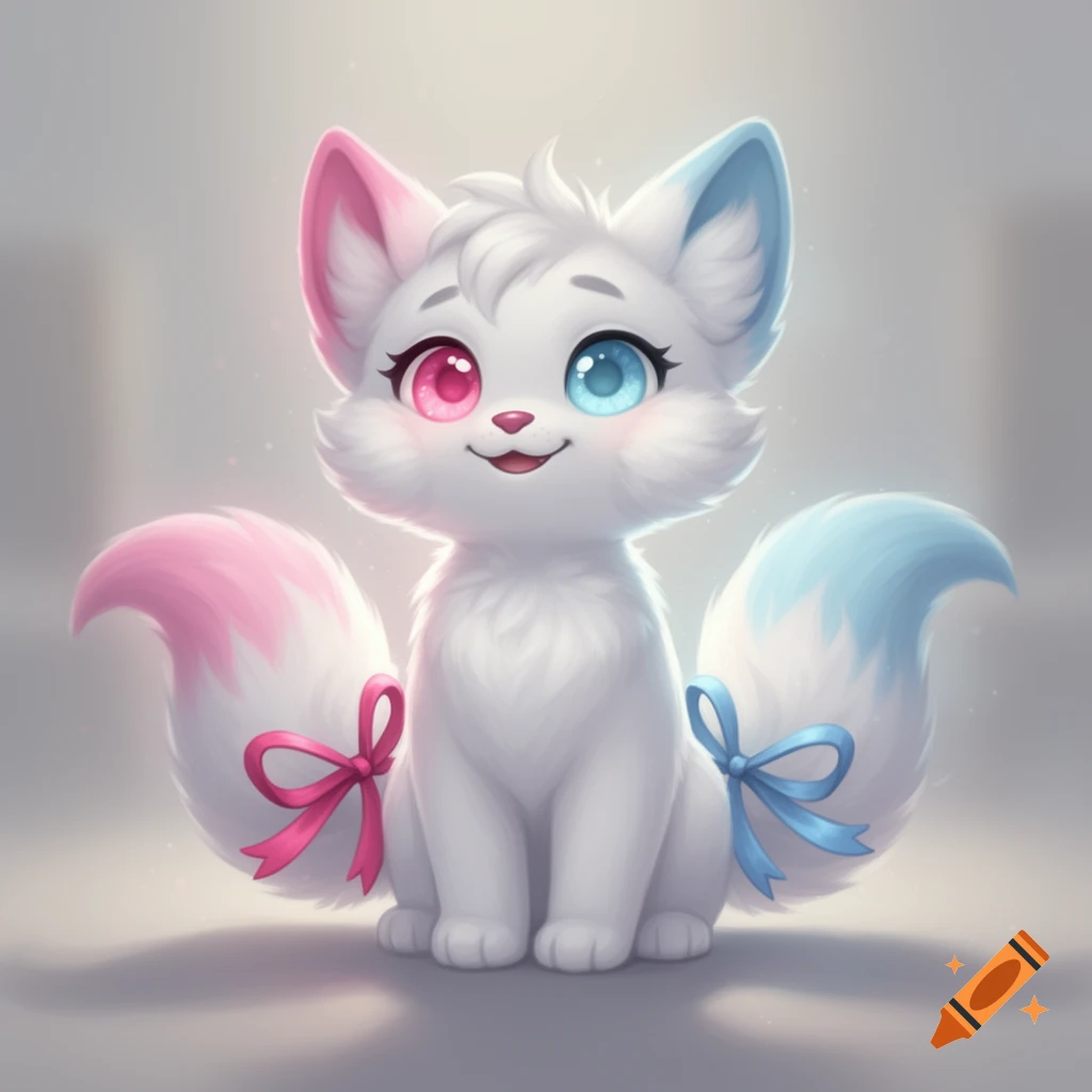 A cute, fluffy white furry creature with pink and blue ears, heterochromia eyes, and two tails tied with pink and blue ribbons.