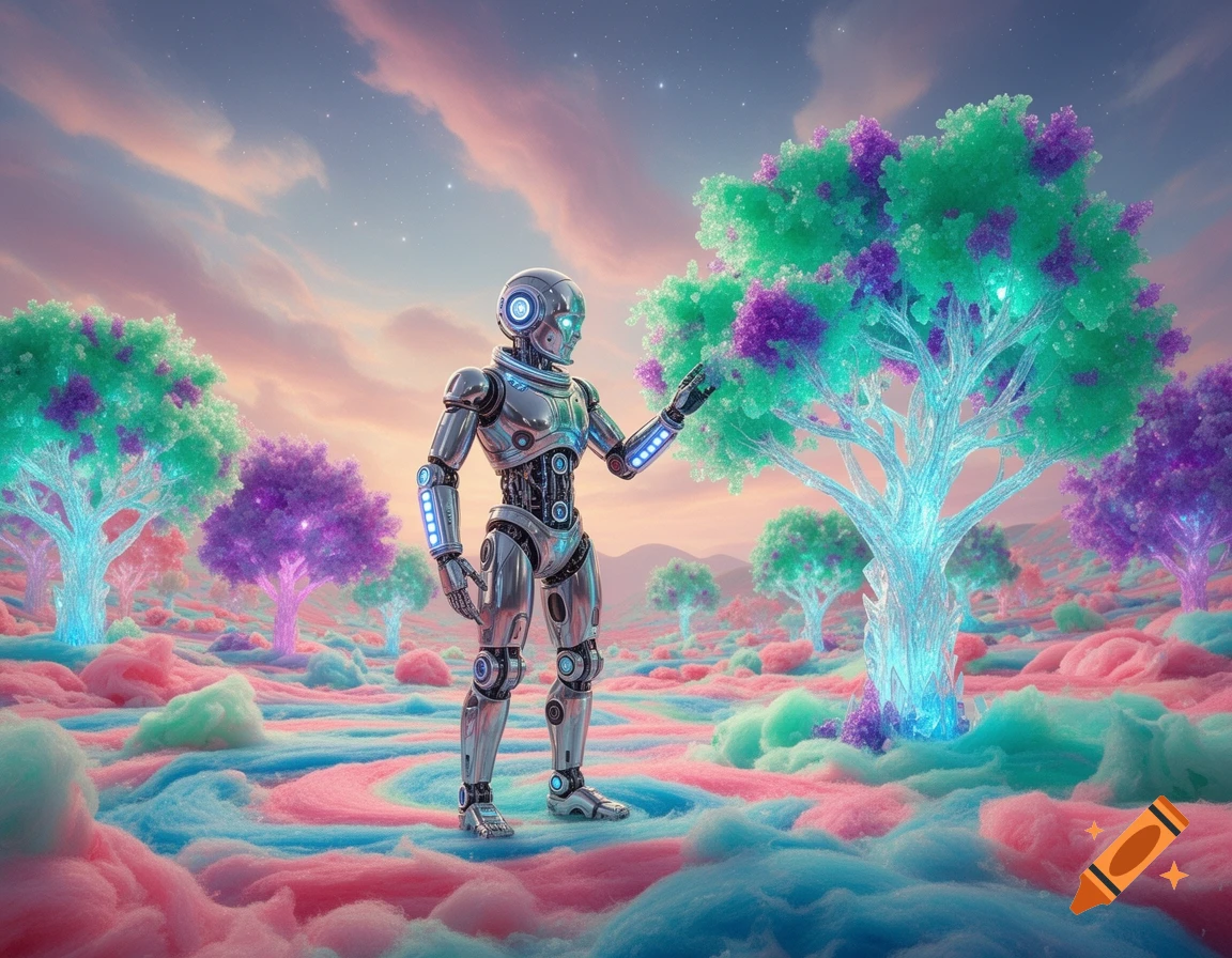A metallic robot explores a fantastical alien landscape with pink and blue cotton candy ground and glowing green and purple trees under a pastel sky.