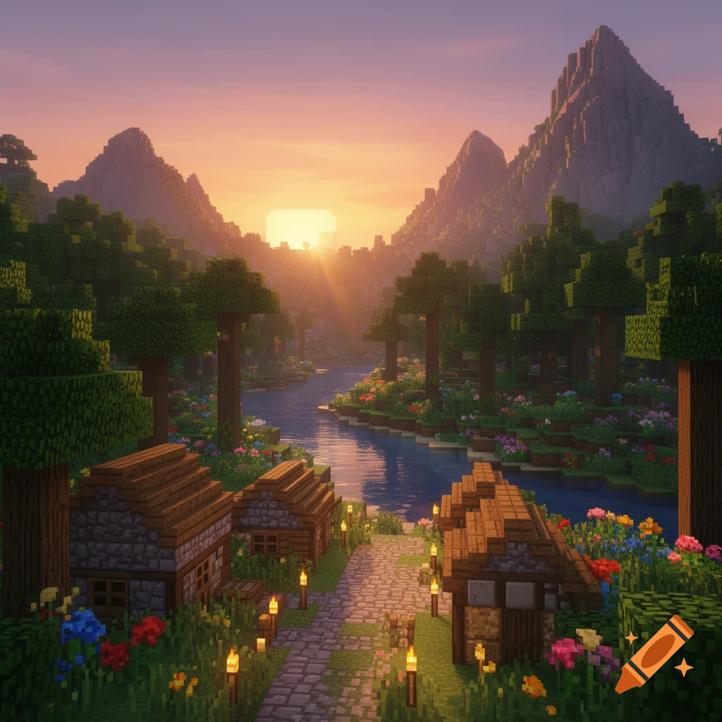 A vibrant Minecraft-style landscape at sunset with pixelated mountains, a winding river, lush trees, colorful flowers, and small block houses.