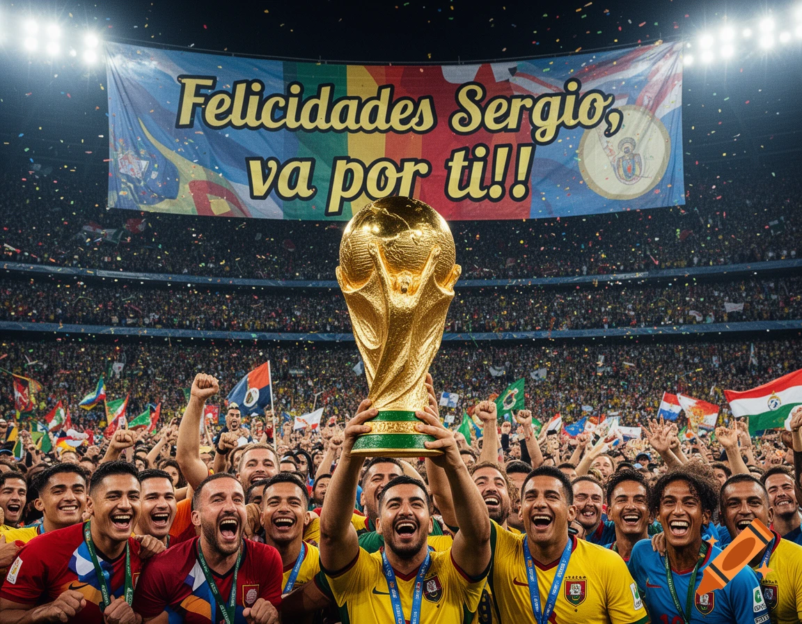 Photorealistic image of a football team celebrating World Cup victory in a stadium, holding the golden trophy, with a banner.
