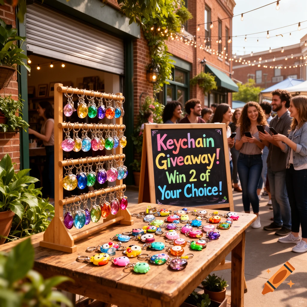 An outdoor market stall with a wooden table displaying colorful keychains and a 'Keychain Giveaway!' sign. People mill around in the background.