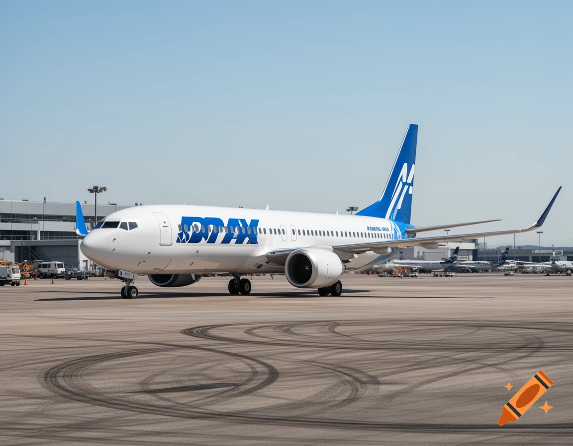A white and blue B737 MAX airplane on an airport tarmac under a clear blue sky.