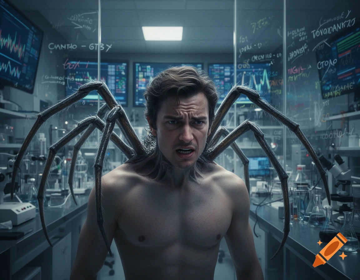 A shirtless man with a pained expression has spider legs growing from his back in a futuristic laboratory.