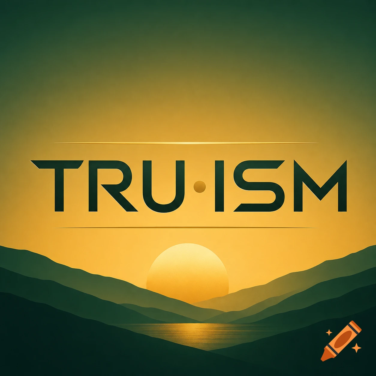 A stylized logo featuring the text "TRU ISM" in dark letters above a golden sunset reflecting on a lake, framed by green mountains.