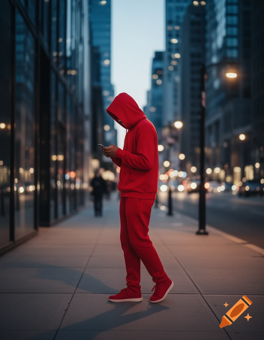 Person in a red hoodie and pants looking at their phone on a city street at dusk, with blurred buildings and lights.