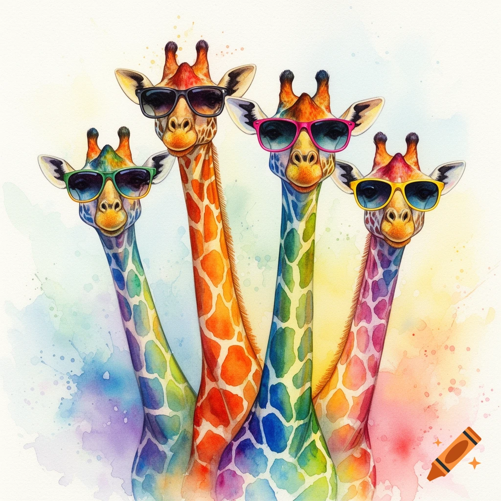 Four colorful watercolor giraffes wearing sunglasses look directly at the viewer, with paint splashes.