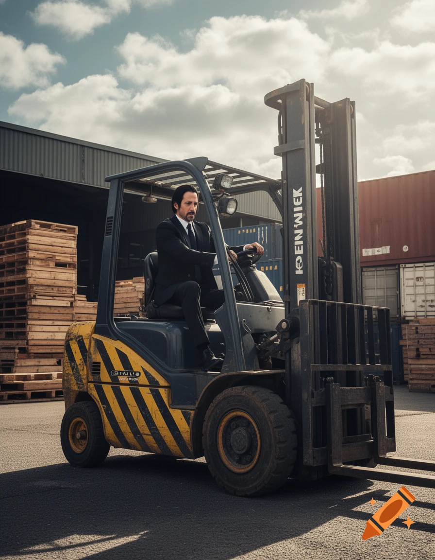 A man resembling John Wick, dressed in a black suit, drives a yellow and black forklift in an industrial loading dock area under a cloudy sky.