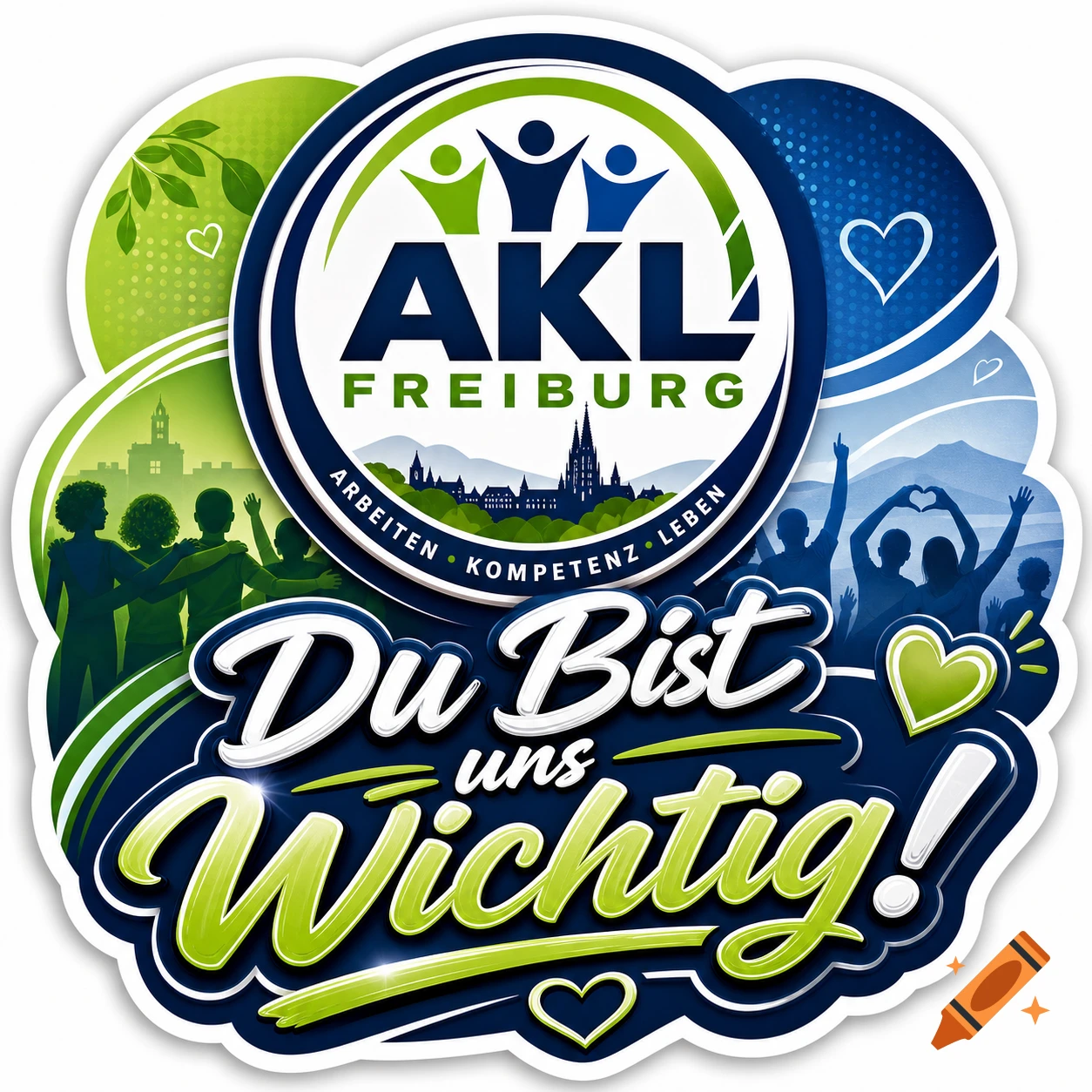 Colorful sticker with AKL Freiburg logo, cityscapes, people silhouettes, and the German slogan 'Du Bist uns Wichtig!'