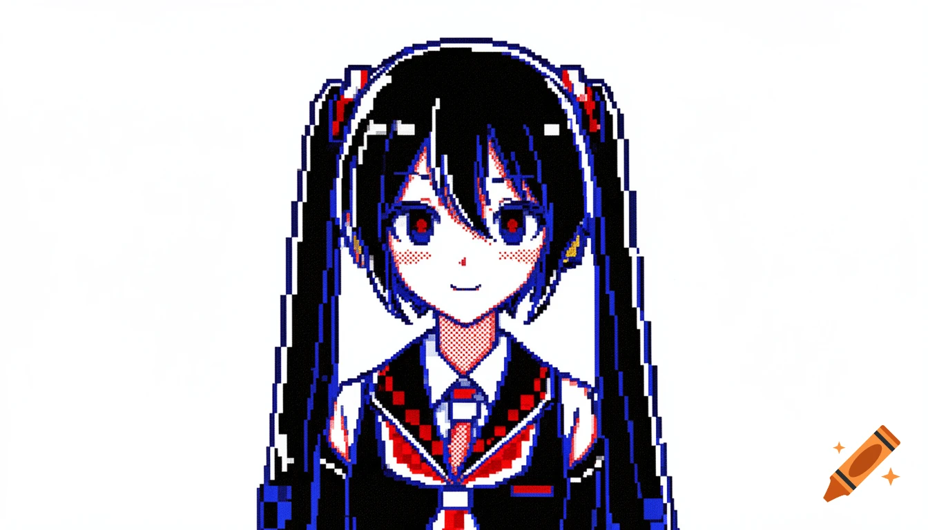 Pixel art portrait of an anime girl with black pigtails in a school uniform, featuring a limited black, white, red, and blue color palette.