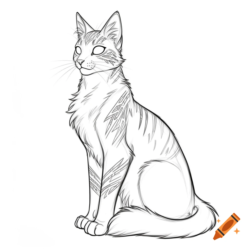 A clean black and white line art sketch of a sitting cat with striped markings.