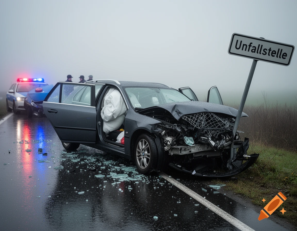 A damaged grey station wagon on a wet road with shattered glass, a police car with flashing lights, and an 'Unfallstelle' sign.