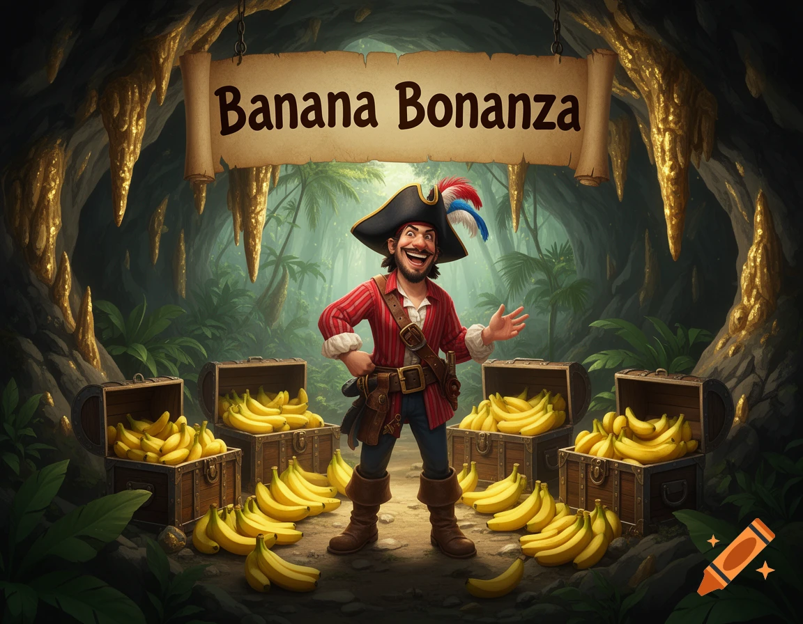 A friendly cartoon pirate stands in a cave with chests of bananas and a 'Banana Bonanza' banner, in a game art style.