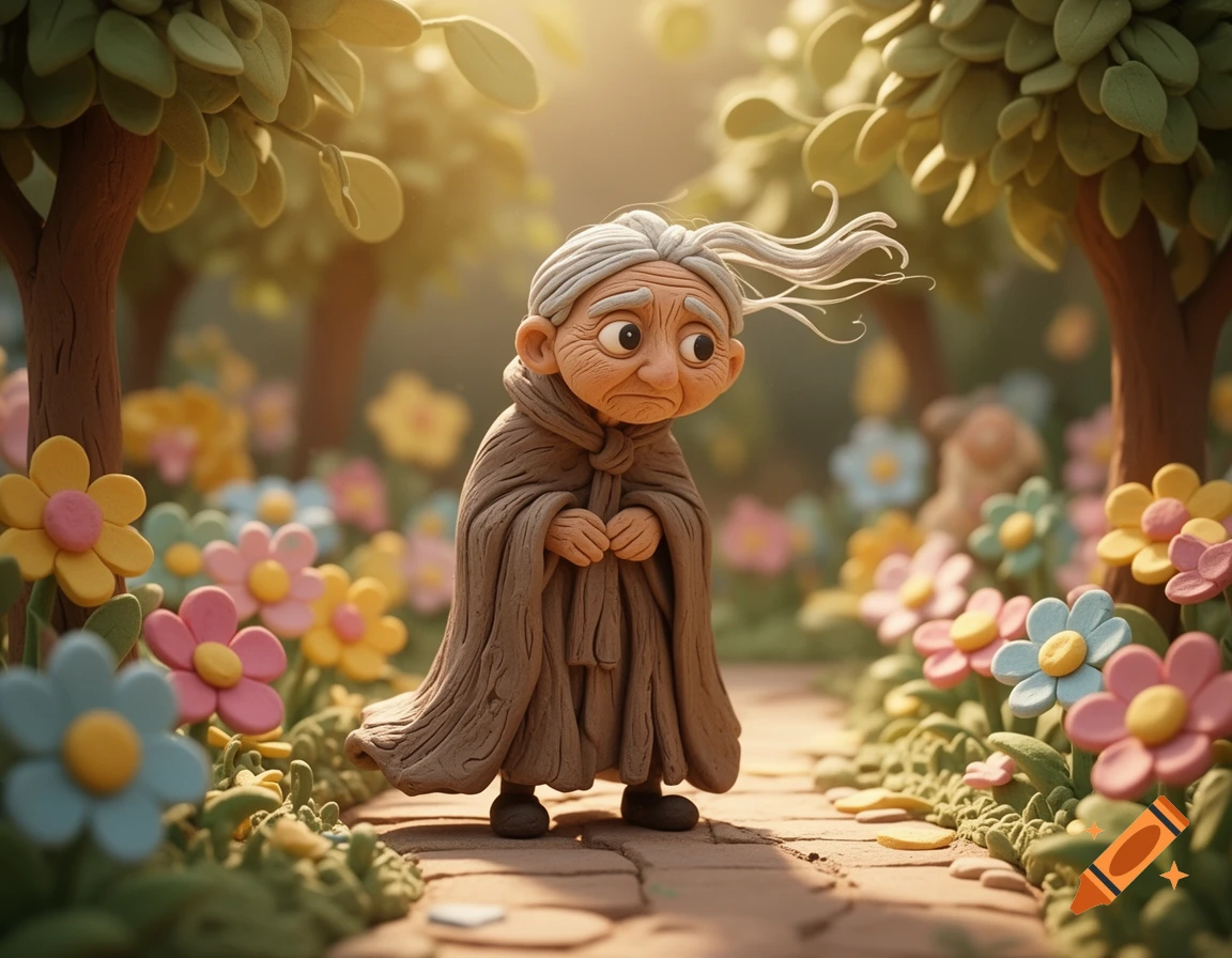 A worried claymation old woman in a brown robe stands on a path surrounded by colorful clay flowers and trees in a sunny garden.