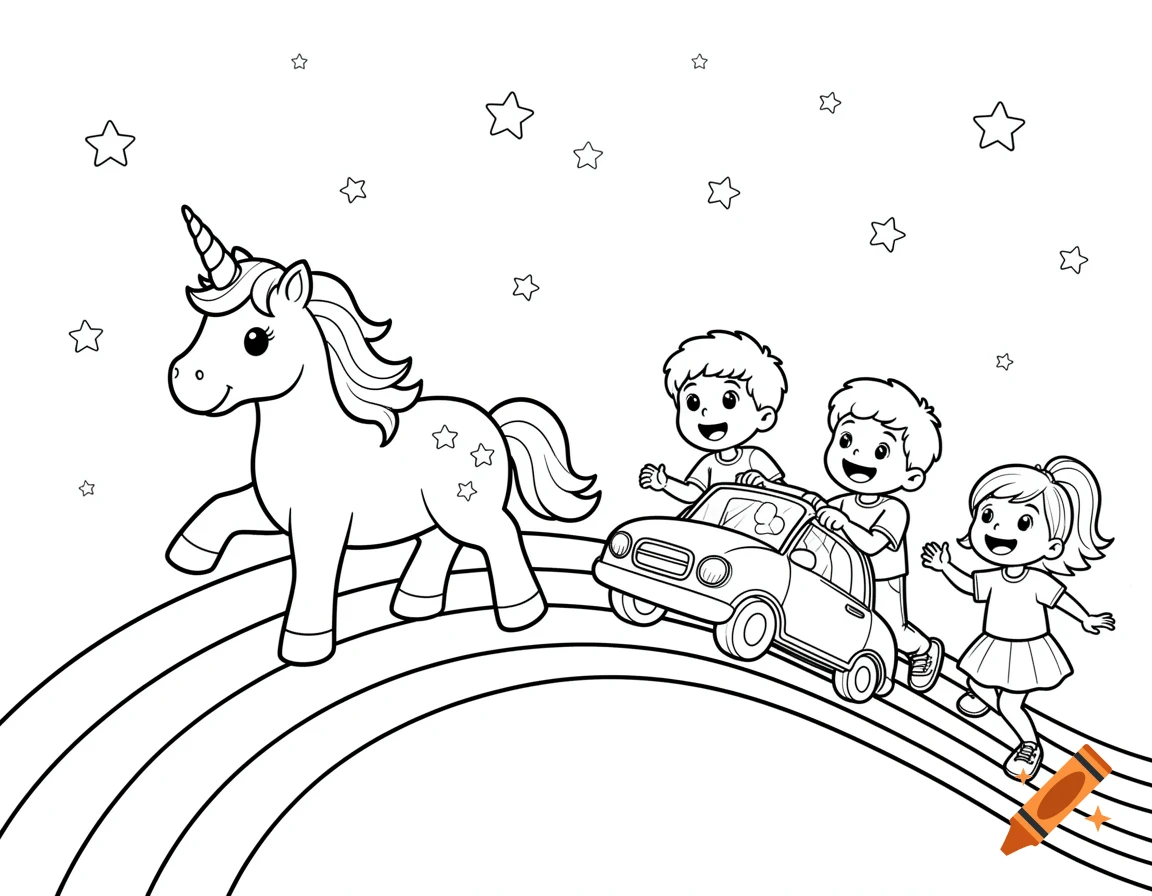 A coloring page featuring a unicorn, two boys in a car, and a girl on a rainbow road, with stars in the sky.