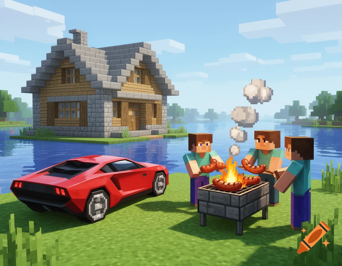 Minecraft characters grill sausages near a blocky house and a red sports car by a lake.
