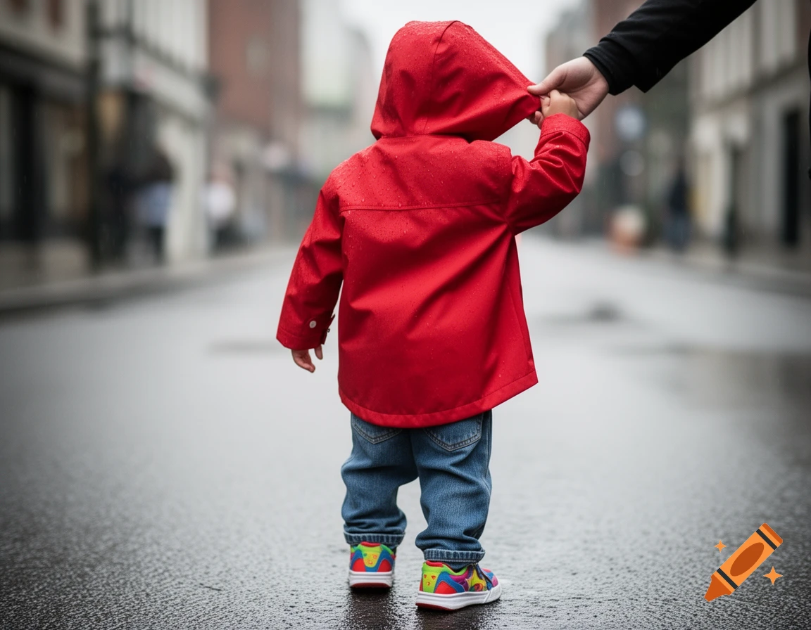A child in a red raincoat and jeans walks on a wet city street, held by an adult's hand on their hood. Photorealistic.