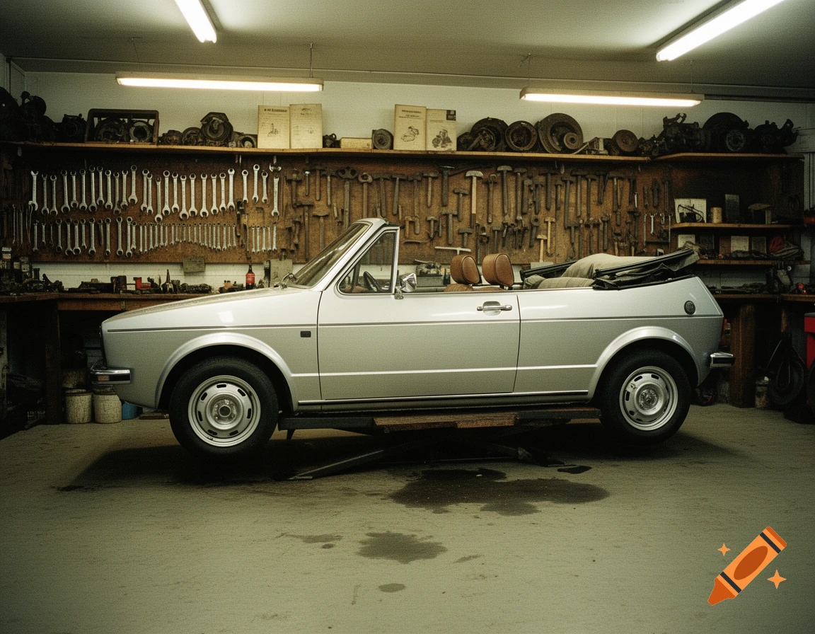 Silver VW Golf 1 Cabriolet on a lift in a vintage car workshop with tools and oil stains.