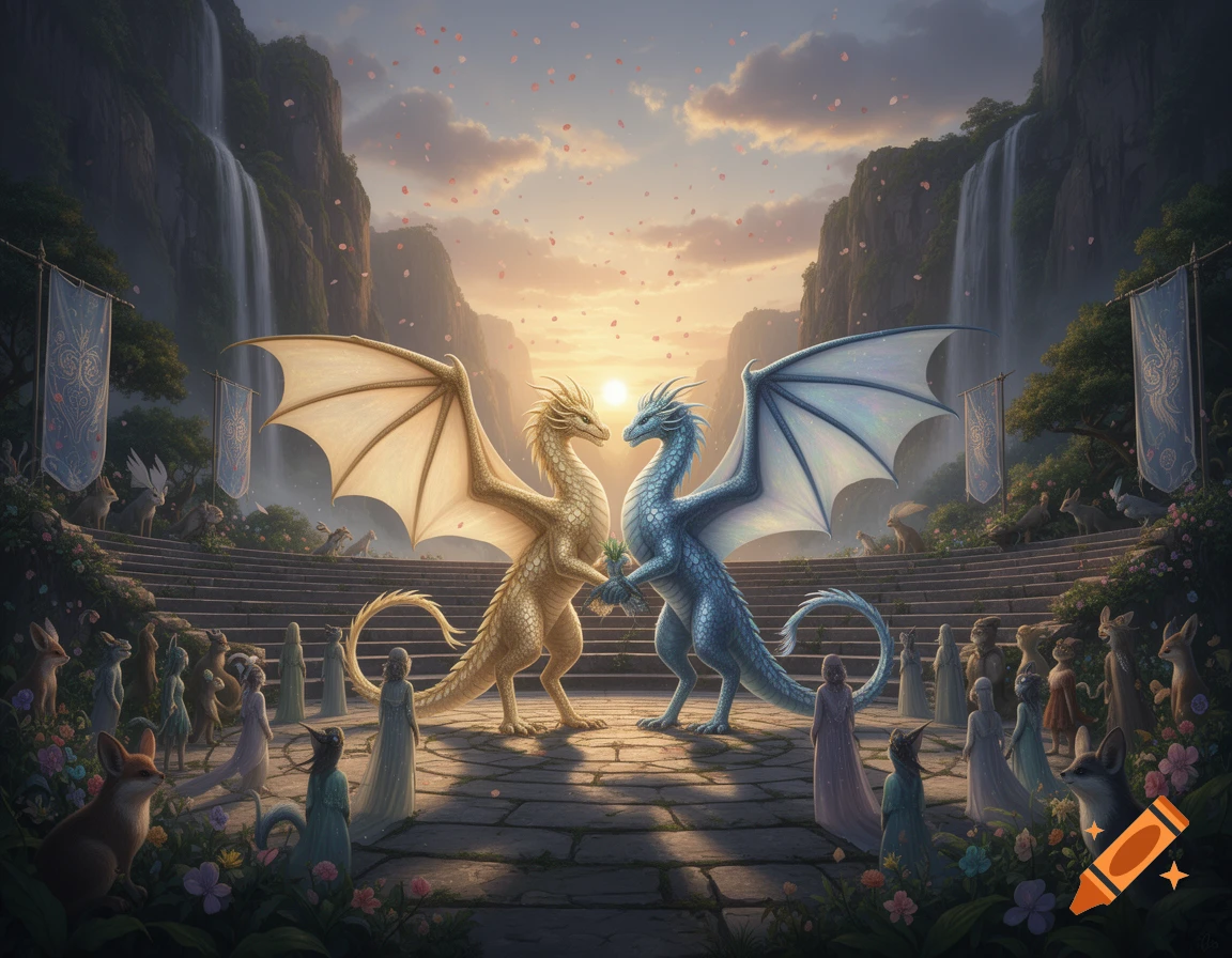 Two majestic dragons, one gold and one blue, stand in a grand outdoor ceremonial arena surrounded by waterfalls, small figures, and flowers under a vibrant sunset.