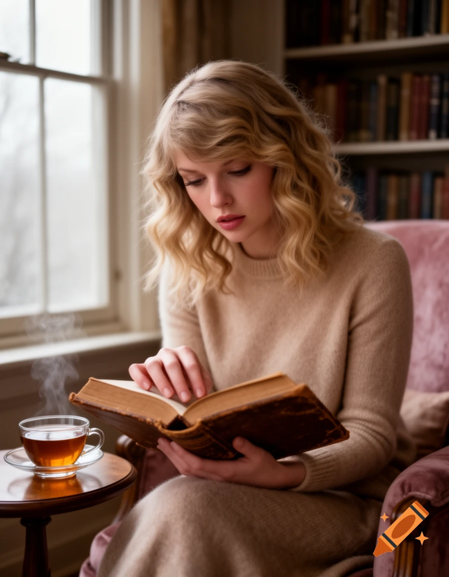 Taylor Swift, with blonde wavy hair, sits in a plush chair, engrossed in an old book, with a steaming cup of tea nearby.