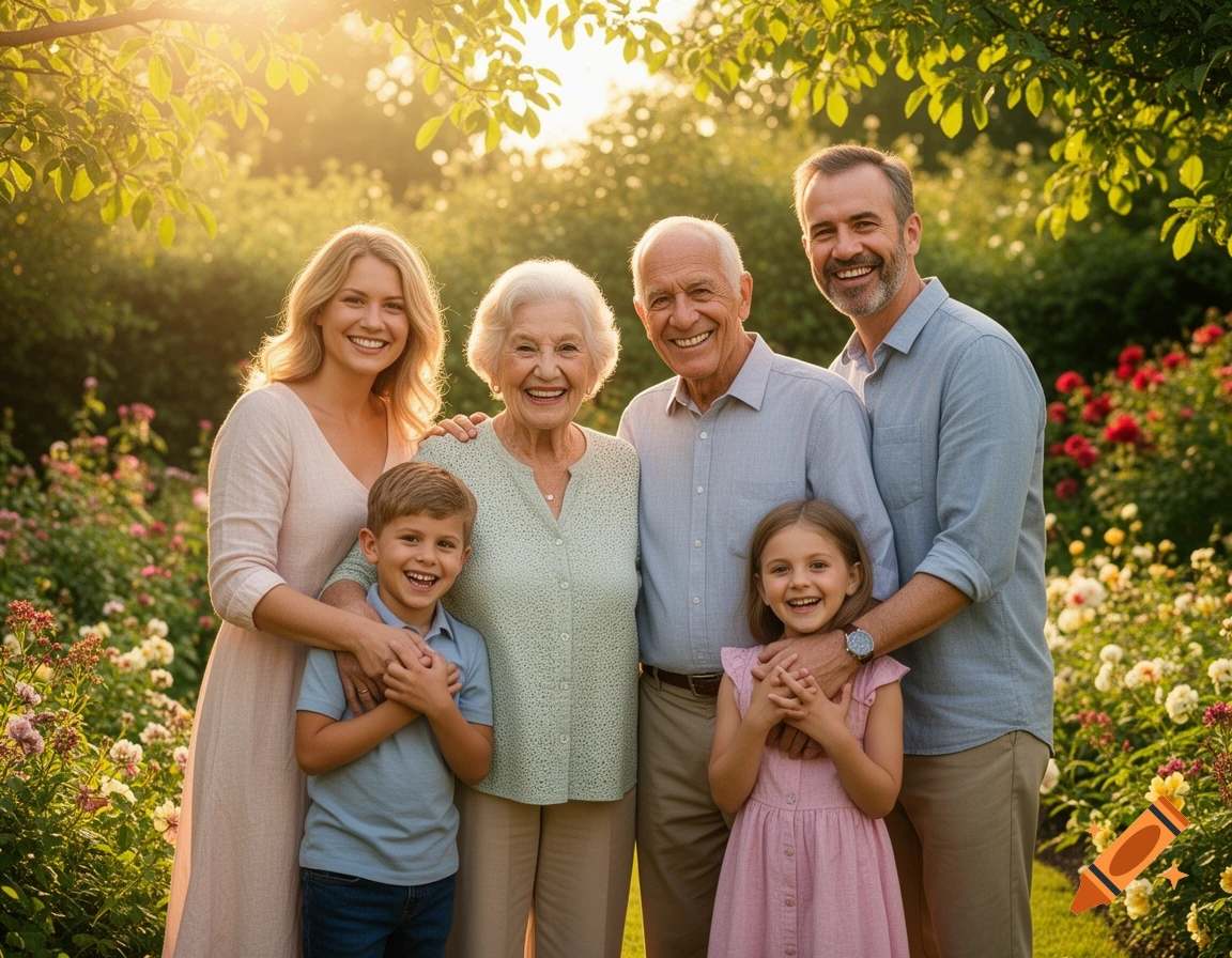 Happy multi-generational family (grandparents, parents, two children) smiling in a sunny, flower-filled garden.
