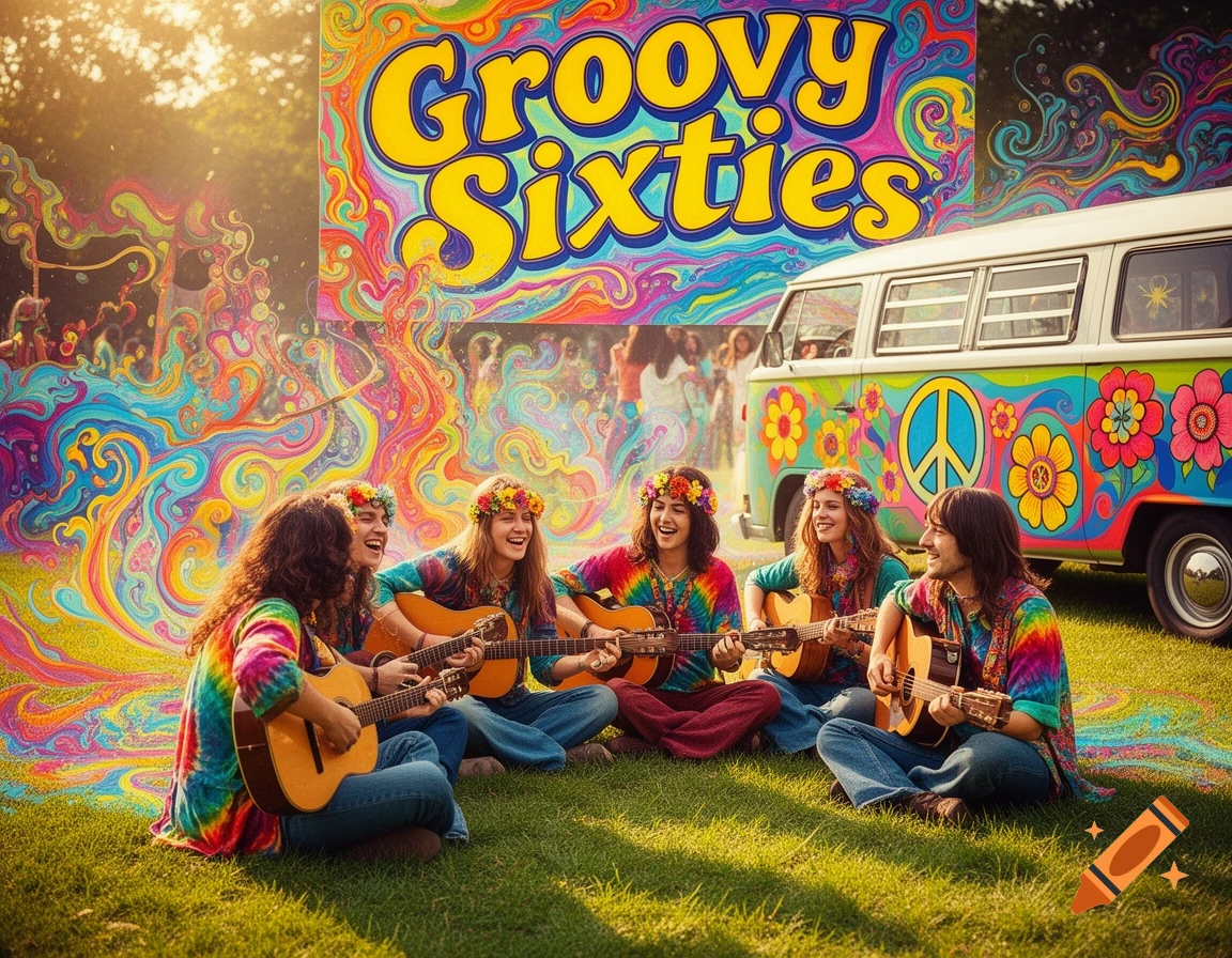 Five joyful hippies in tie-dye shirts play acoustic guitars on grass with a colorful psychedelic backdrop and a decorated van.