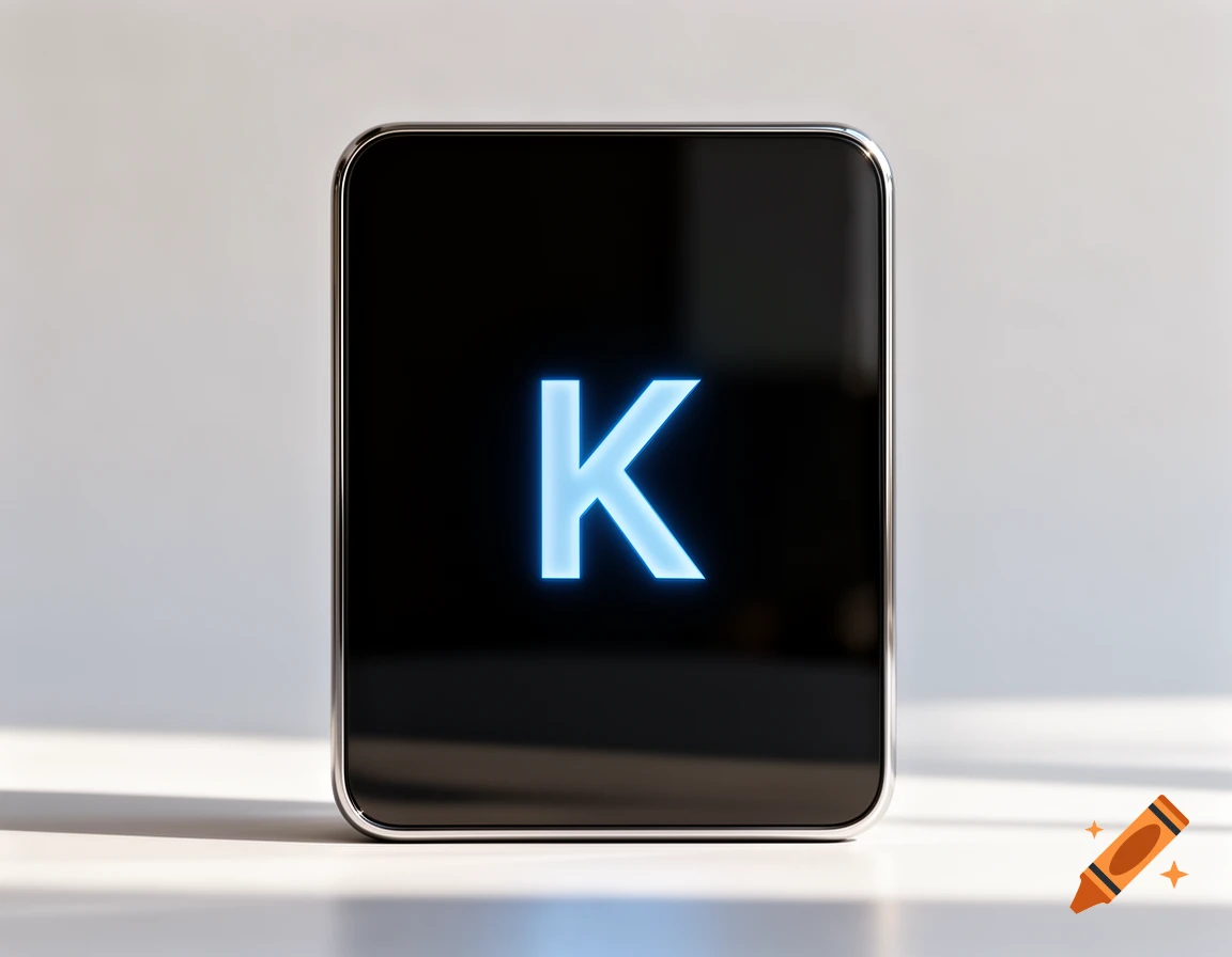 A glowing blue letter K displayed on a sleek, black, rectangular screen, set against a bright, minimalist background.