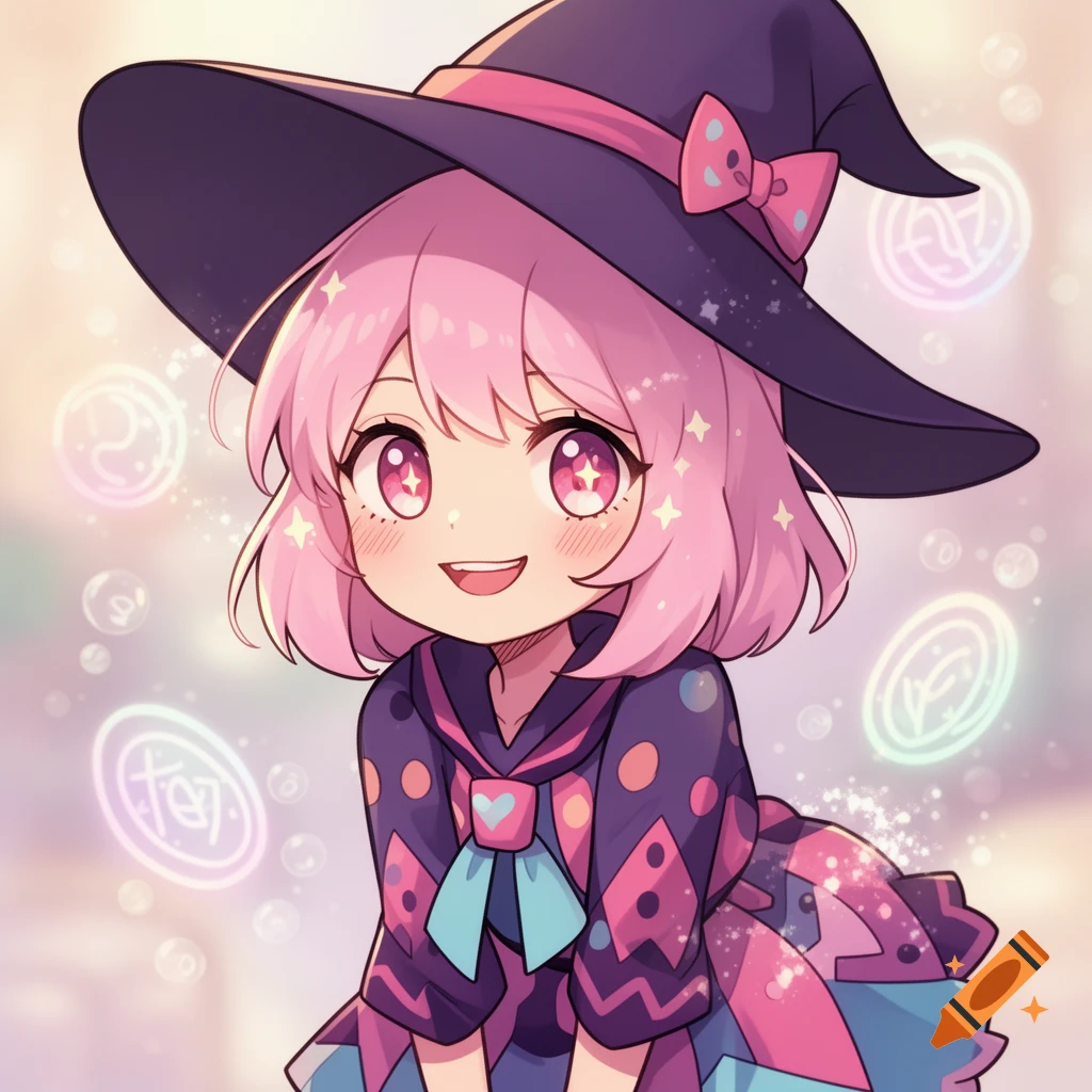 A cute anime witch with pink hair and sparkling eyes, wearing a dark purple and pink dress with a large witch hat, surrounded by glowing magical symbols.