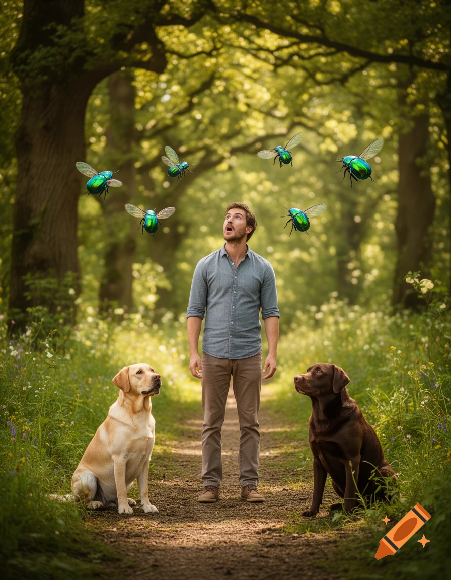 A man looks up at metallic green beetles flying around him, with a yellow and a brown Labrador sitting on a forest path.