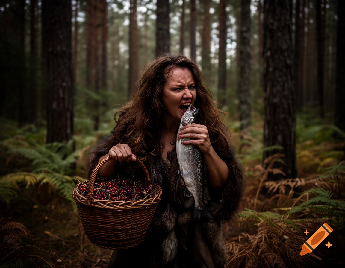 A wild-looking woman in a dark forest bites into a raw fish while holding a basket of berries, photorealistic.