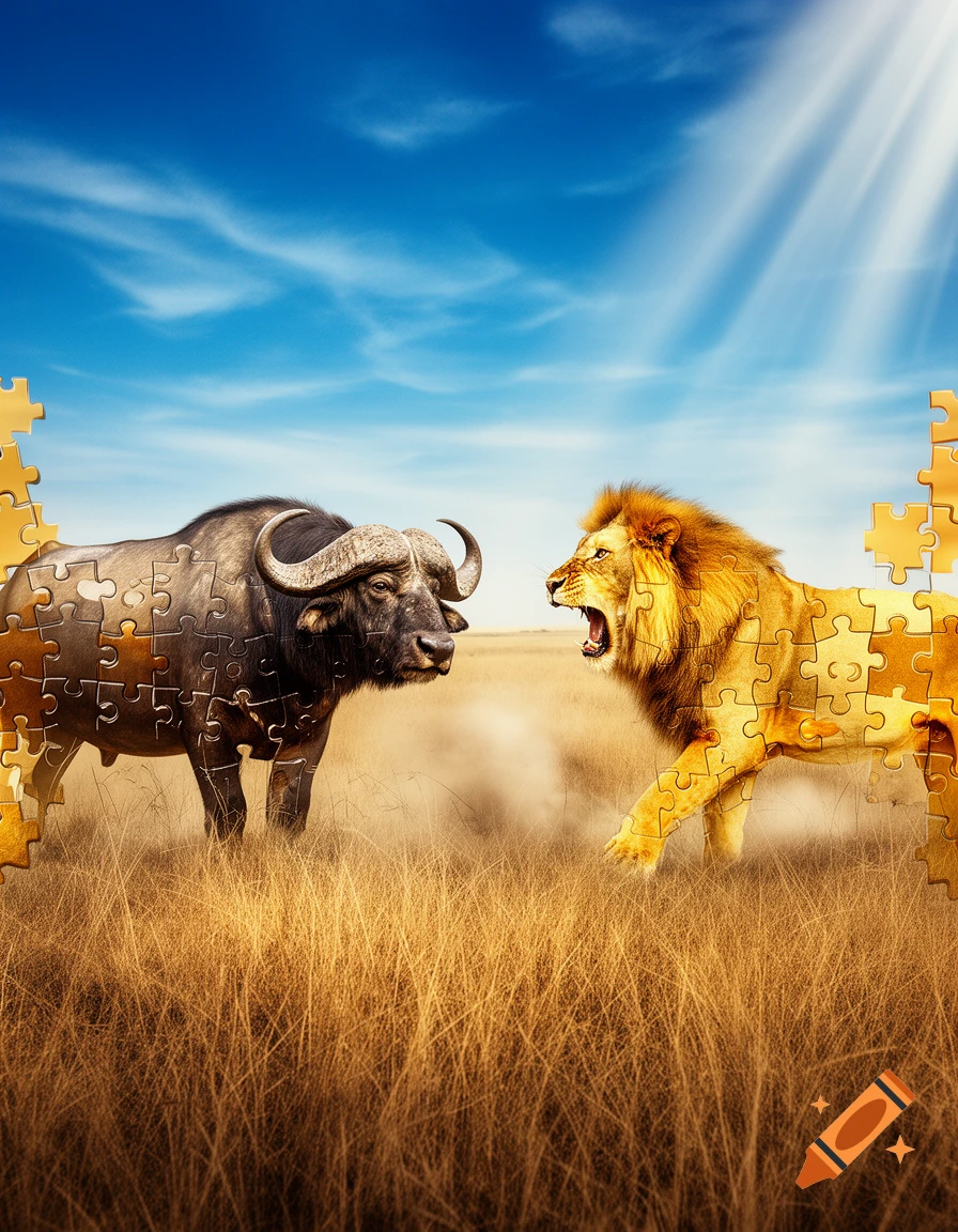 A buffalo and a roaring lion, both composed of golden and gray puzzle pieces, face each other in a sunlit savannah.