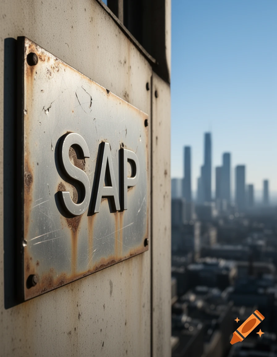 A close-up of a rusty metal sign with "SAP" text, overlooking a blurred city skyline under a clear blue sky.