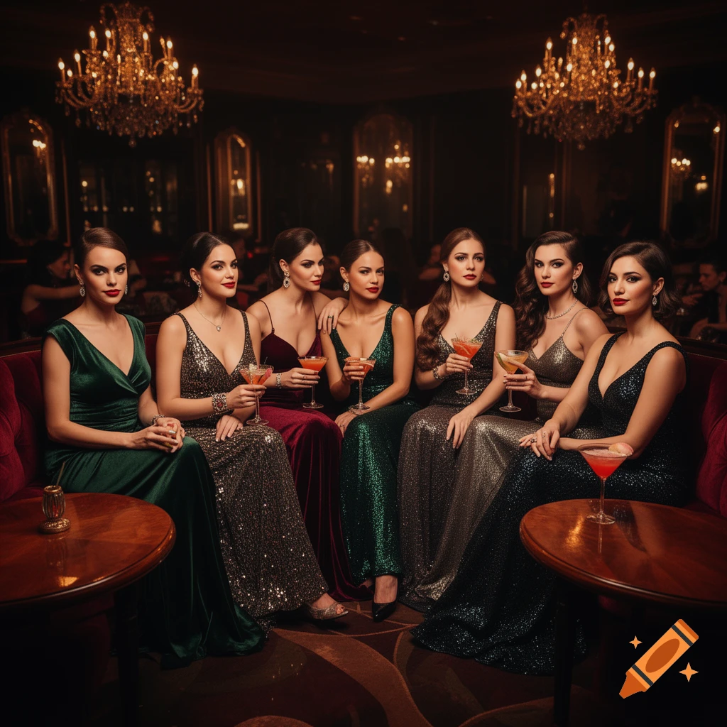 Six elegantly dressed women in evening gowns pose with cocktails in a dimly lit, luxurious lounge with chandeliers.