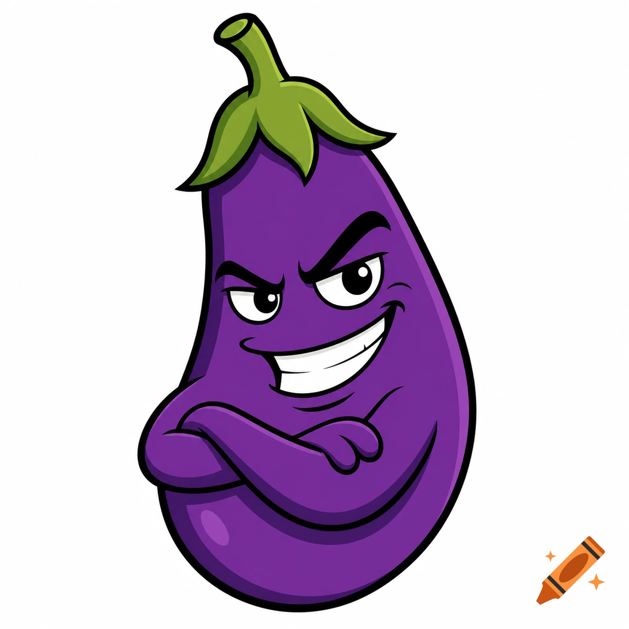 Cartoon eggplant character with a cheeky, defiant smirk and crossed arms in a clean vector art style.