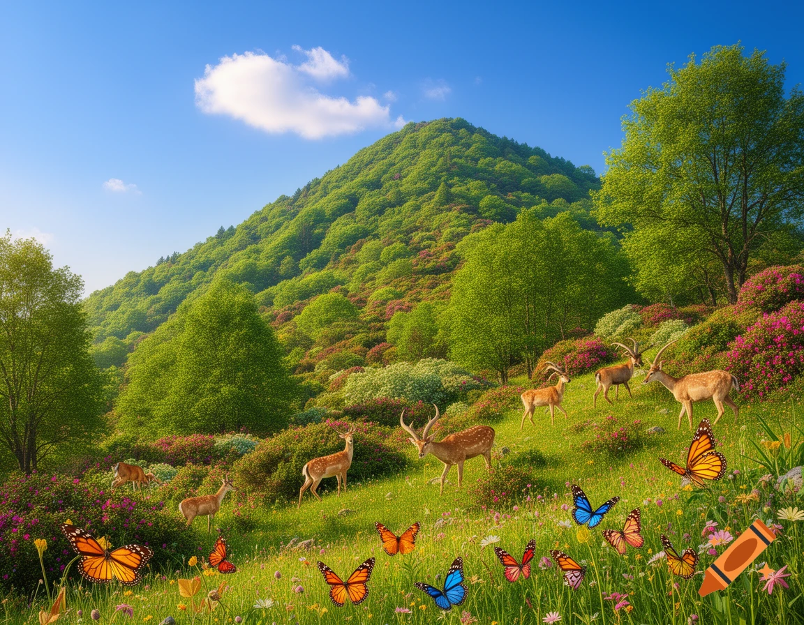 A vibrant spring landscape featuring a green mountain, several deer grazing on a flowery hillside, and colorful butterflies in the foreground under a blue sky.